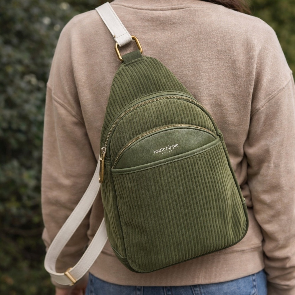 HAUTE HIPPIE‎ Olive Corduroy Sling Backpack Crossbody Convertible Bag OS